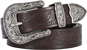SANSTHS Western Belt For Women, Womens Cowboy Belt For Pants Jeans With Vintage Floral Carved Design