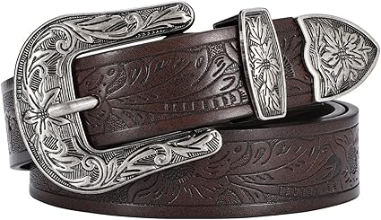 SANSTHS Western Belt For Women, Womens Cowboy Belt For Pants Jeans With Vintage Floral Carved Design
