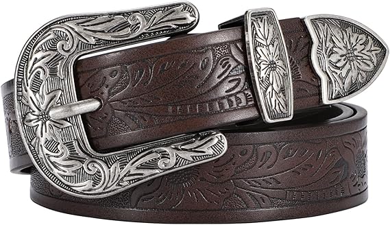 SANSTHS Western Belt For Women, Womens Cowboy Belt For Pants Jeans With Vintage Floral Carved Design