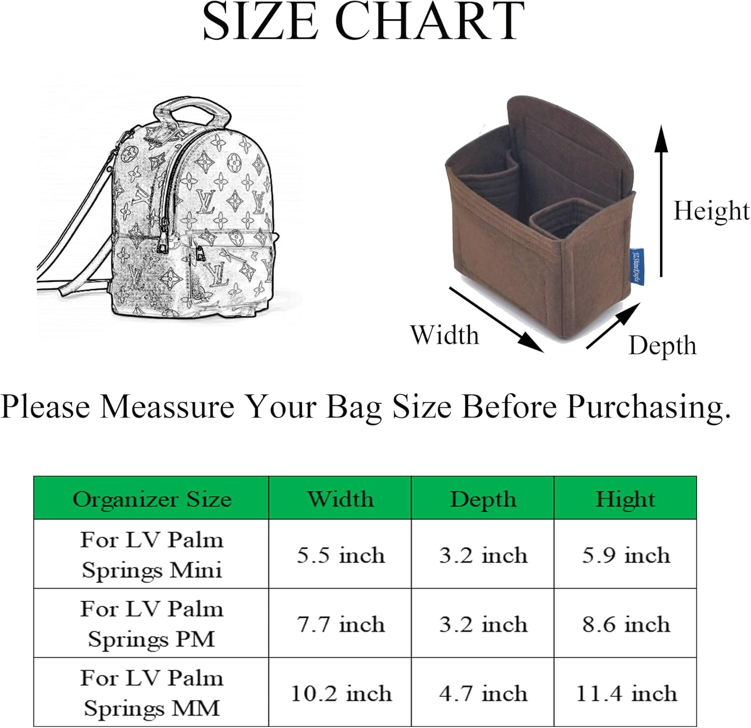 Palm Springs Backpack Organizer, Palm Springs Backpack Insert,Purse insert organizer.(Brown-Mini) image 2