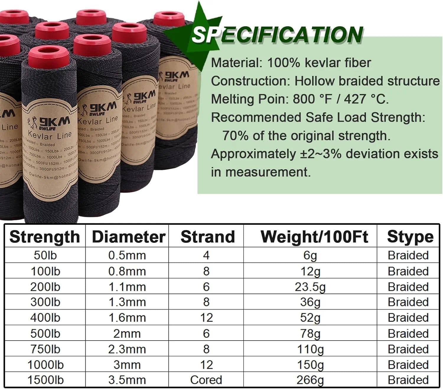 9KM DWLIFE Kevlar Cord– High Tensile Strength Kevlar Thread, 50–1500lb Flame-Resistant String for Fishing, Kite Line, Wind Chimes, Camping & Outdoor Survival Rope