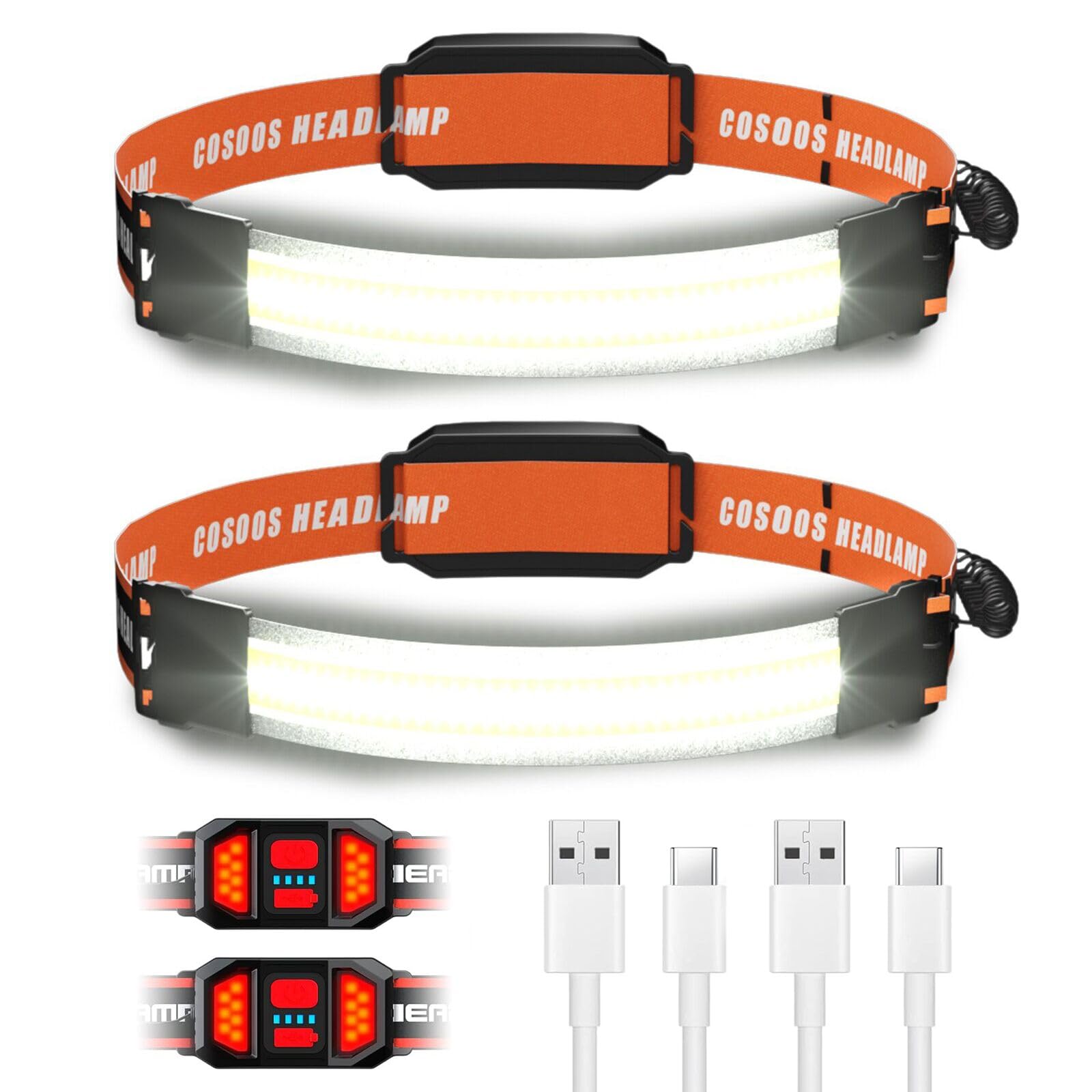 COSOOS Original 2 LED Headlamp Rechargeable Flashlight, Bright Wide Beam Headlamp Outdoor, Red Tail Light,Adjustable Headband for Adult & Kid, 500Lumen,Lightweight Headlight Hiking Camping Gear