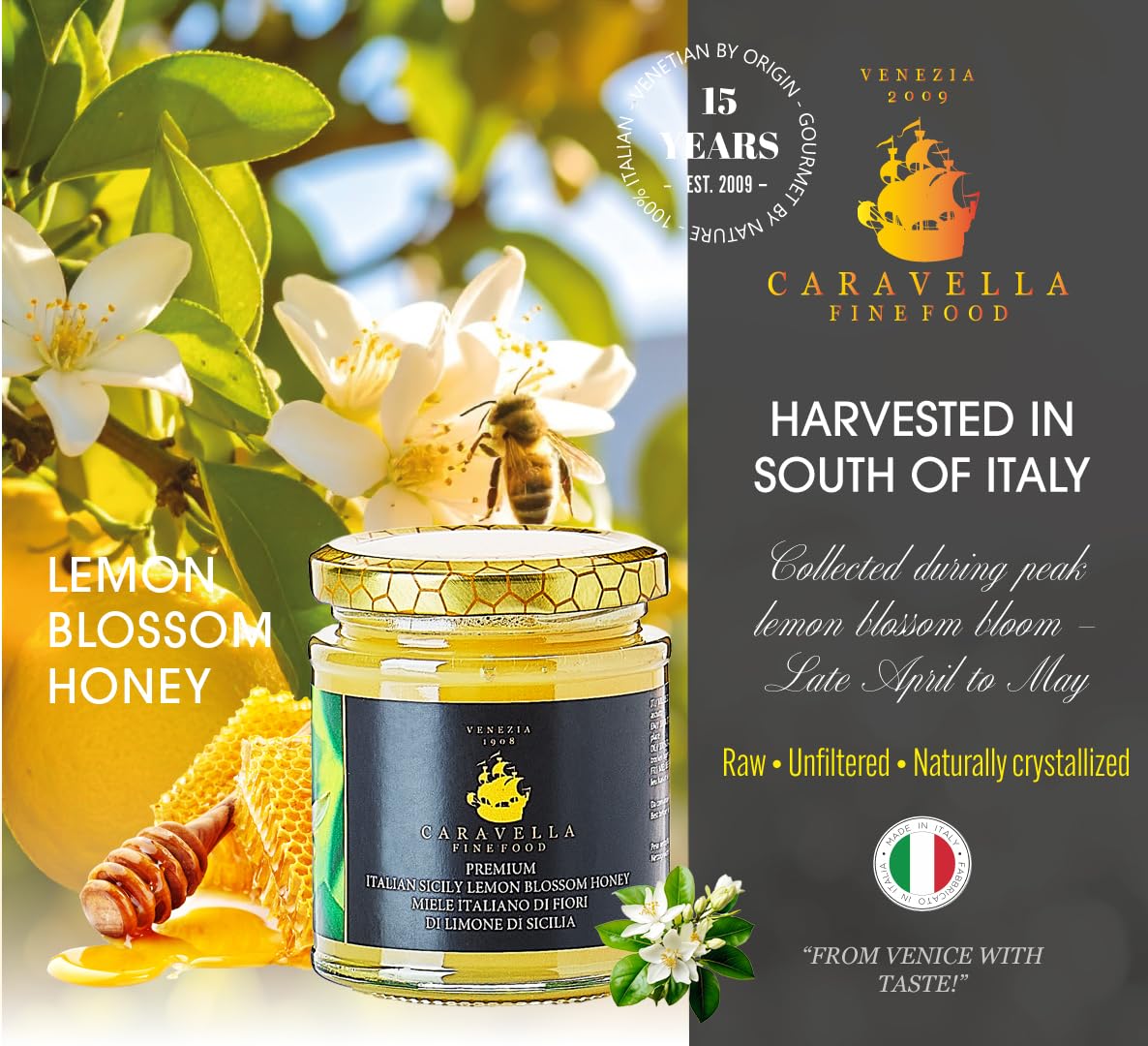 4x Miel de flor de limón de Sicilia 250 gr Caravella Fine Food| Italiana Cruda Cremosa Ligero Aroma Cítrico| Rica en minerales enzimas y antioxidantes | Ideal para Té Quesos Croissants Frutas Postres