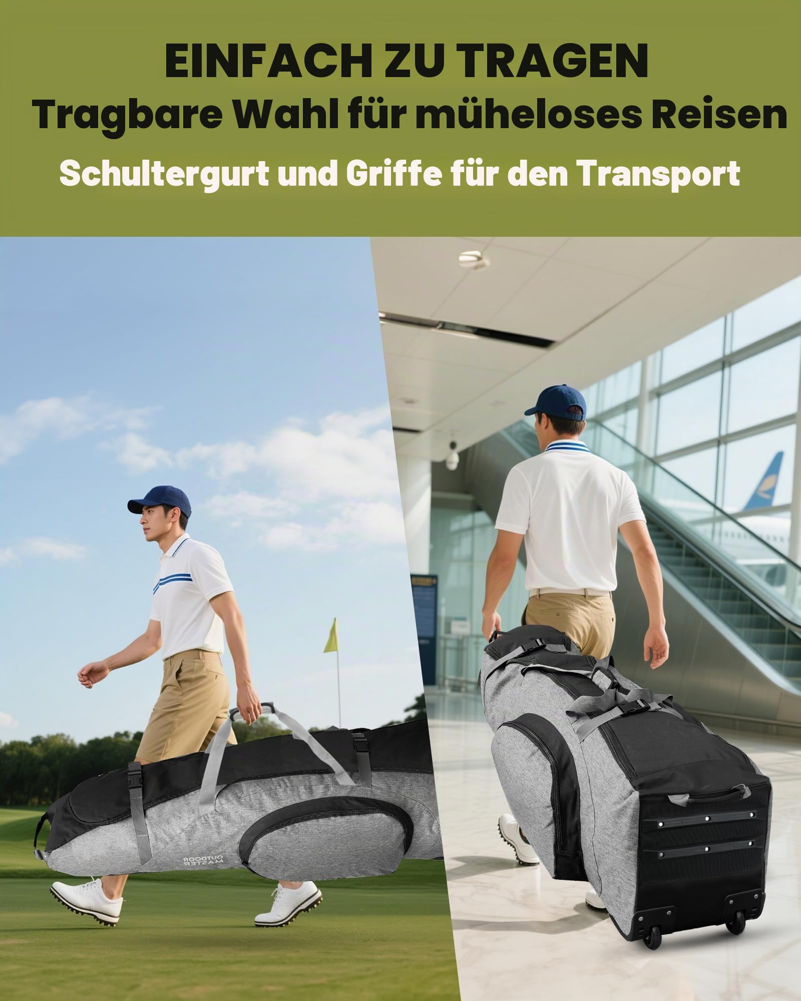OutdoorMaster Gepolstert Golf Reisetasche mit Verstärkte Räder, 900D Heavy Duty Oxford Abriebfestigkeit & wasserdichte Golf Reisetasche, Soft-Sided Golfschlägertasche, Schuhe/Zubehör Lagerung