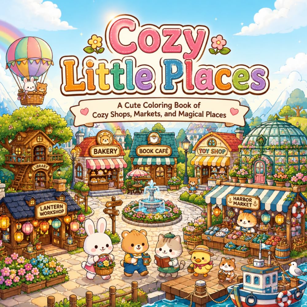 Cozy Little Places: A Cute Coloring Book of Cozy Shop, Markets, and Magical Places