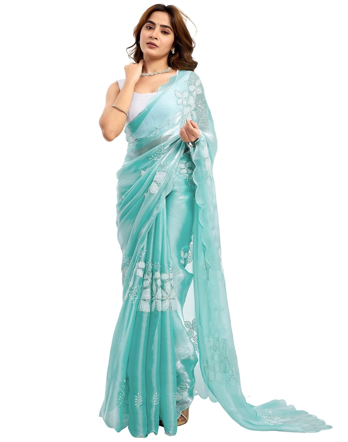 SIRIL Women’s Shimmer Chiffon Sequence Embroidery Saree for Wedding Parties With Unstitched Blouse Piece