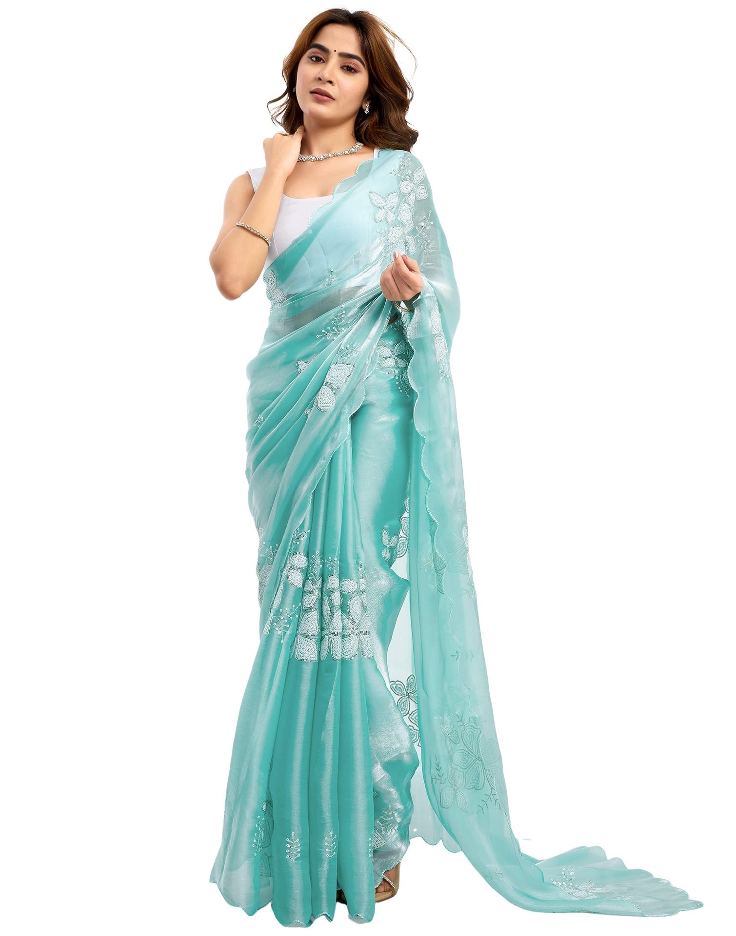 SIRIL Women's Shimmer Chiffon Sequence Embroidery Saree for Wedding Parties With Unstitched Blouse Piece