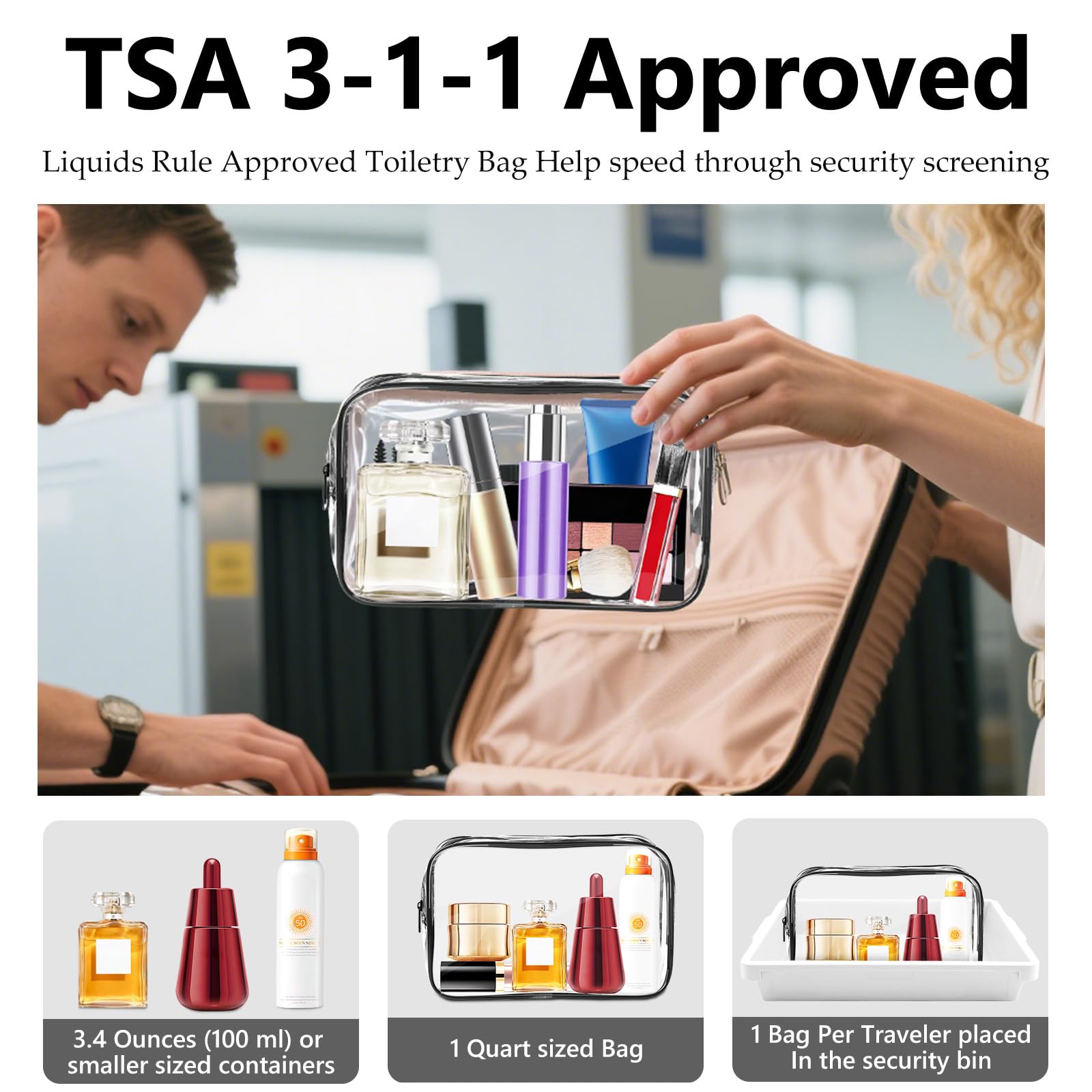 AURUZA Trousse de maquillage transparente – Trousse de toilette approuvée par la TSA pour articles de toilette de voyage, noir, 16 Pack
