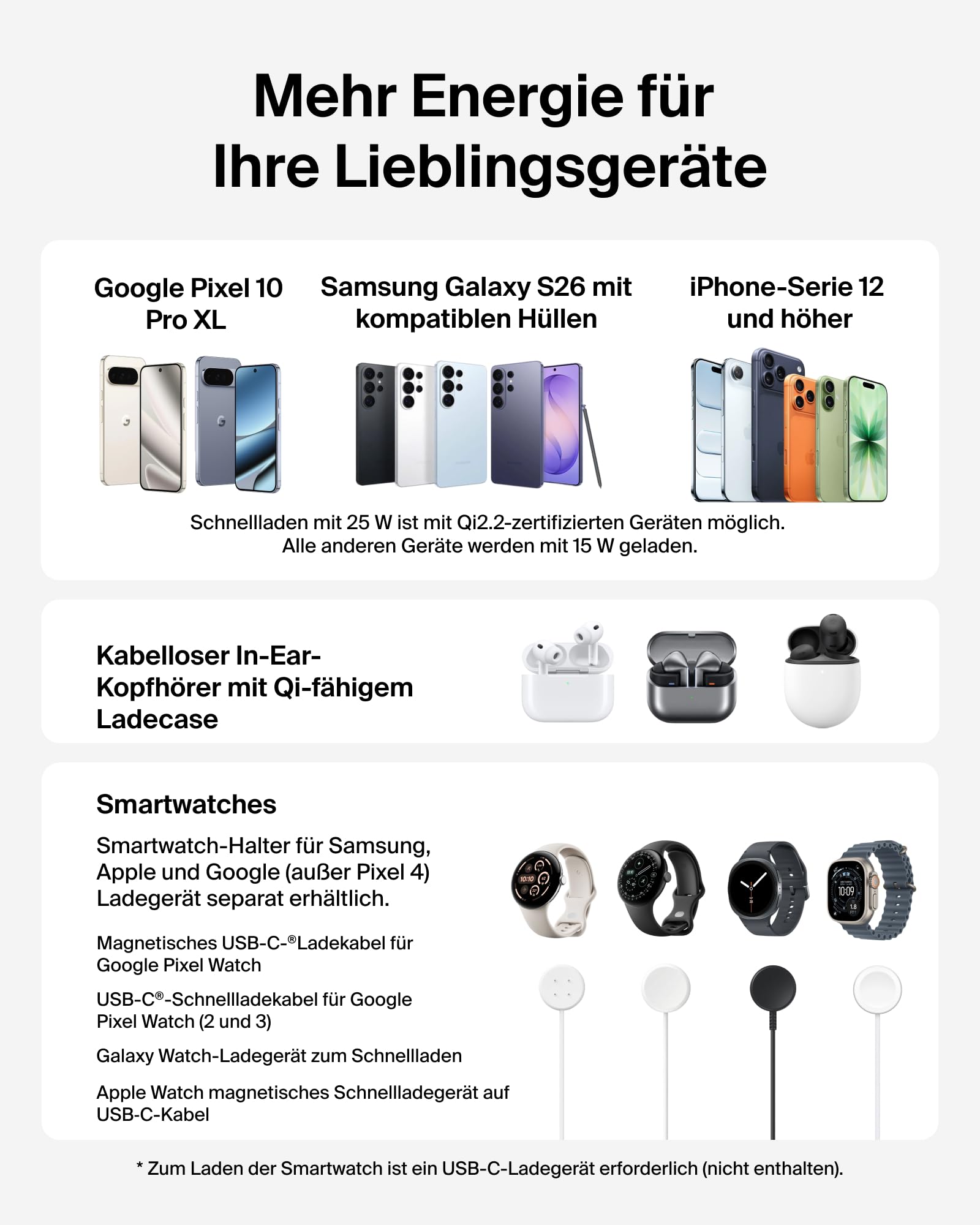 Belkin UltraCharge 3-in-1 Induktive Ladestation mit Qi2, 25W – Weiß | Qi2.2-zertifiziert, Kabelloses Ladegerät mit USB-C-Port, Wireless Charger für iPhone, Galaxy, Kopfhörer; mit 45W Netzteil