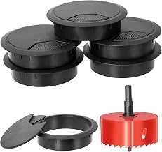 Swpeet 6Pcs Black Desk Cable Wire Grommet Cord with Hole Saw, Tidy Cable Hole Cover Organizers, Desk Wire Cord Cable Grommets Hole Cover, 1Pcs 3.15Inch_80mm Tools Hole Saw with Arbor for Office Desk