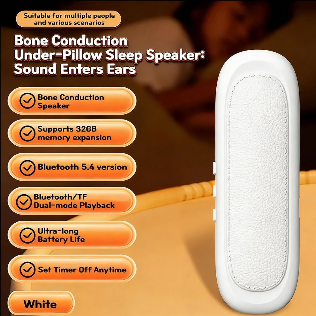 RJDJ Bluetooth Bone Conduction Sleep Speaker for Pillow, Under Pillow Speakers for Sleeping Bluetooth, Mini Portable Wireless Bluetooth Sleep Bar for Deep Sleeping, Side Sleepers (1PC-B)