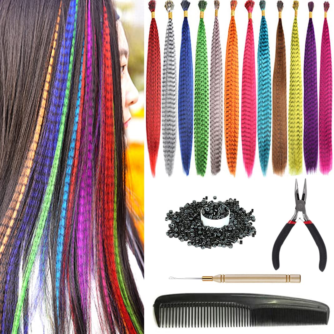 XIAO TAO ZI 60pcs/Lot 17'' Synthetic Feather Hair Extensions Hair Pieces +100 pcs Silicone Micro Beads+1 pcs Crochet Hook+1 Pcs Pliers+1pcs Comb Hair