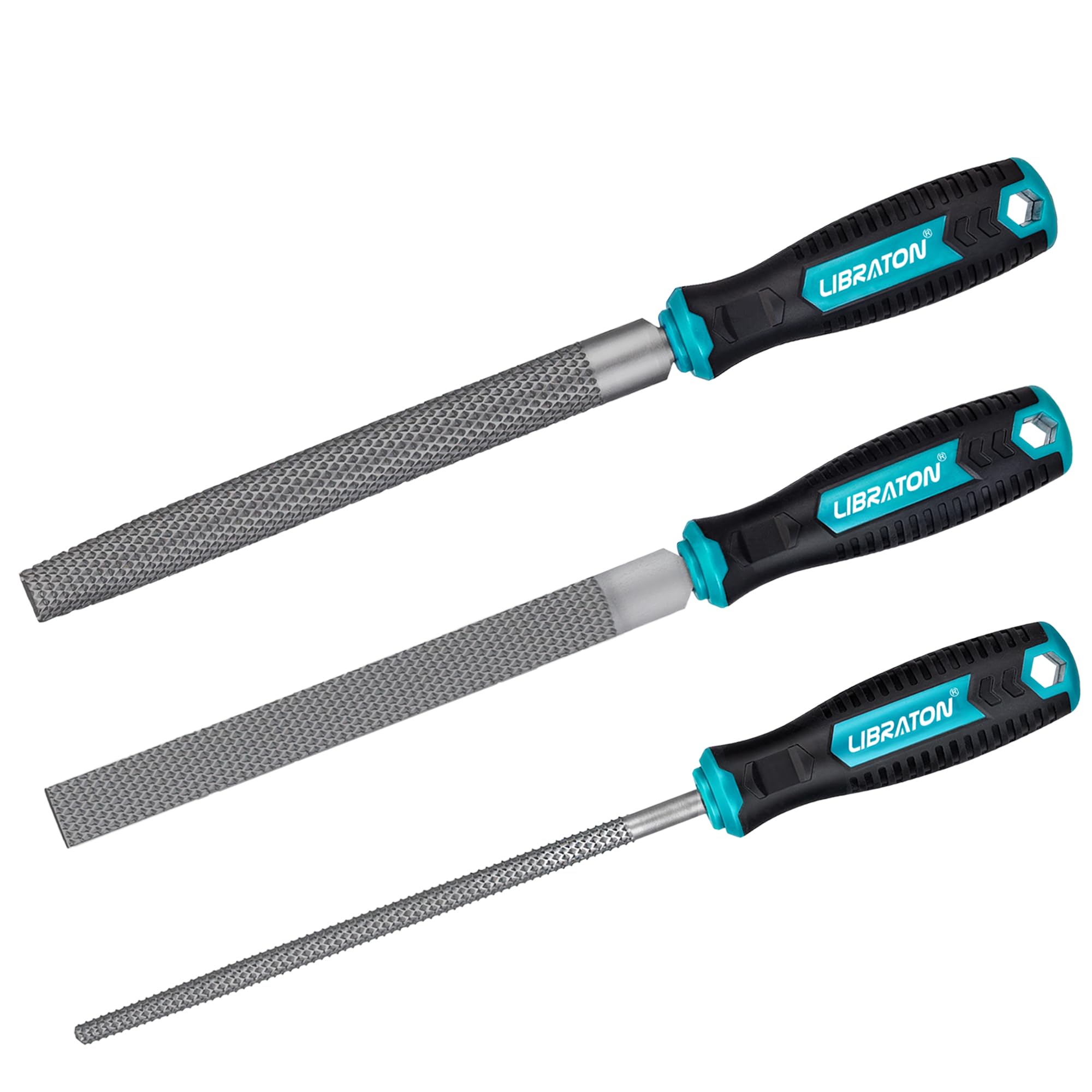 Libraton Wood Rasp Set, 3PCS Wood File Set, Multi-Shape Wood Rasp File, 200 mm High-Carbon Steel Woodworking Rasp File Set, Includes Flat, Round, and Half-Round with Comfortable Handle for Woodworking