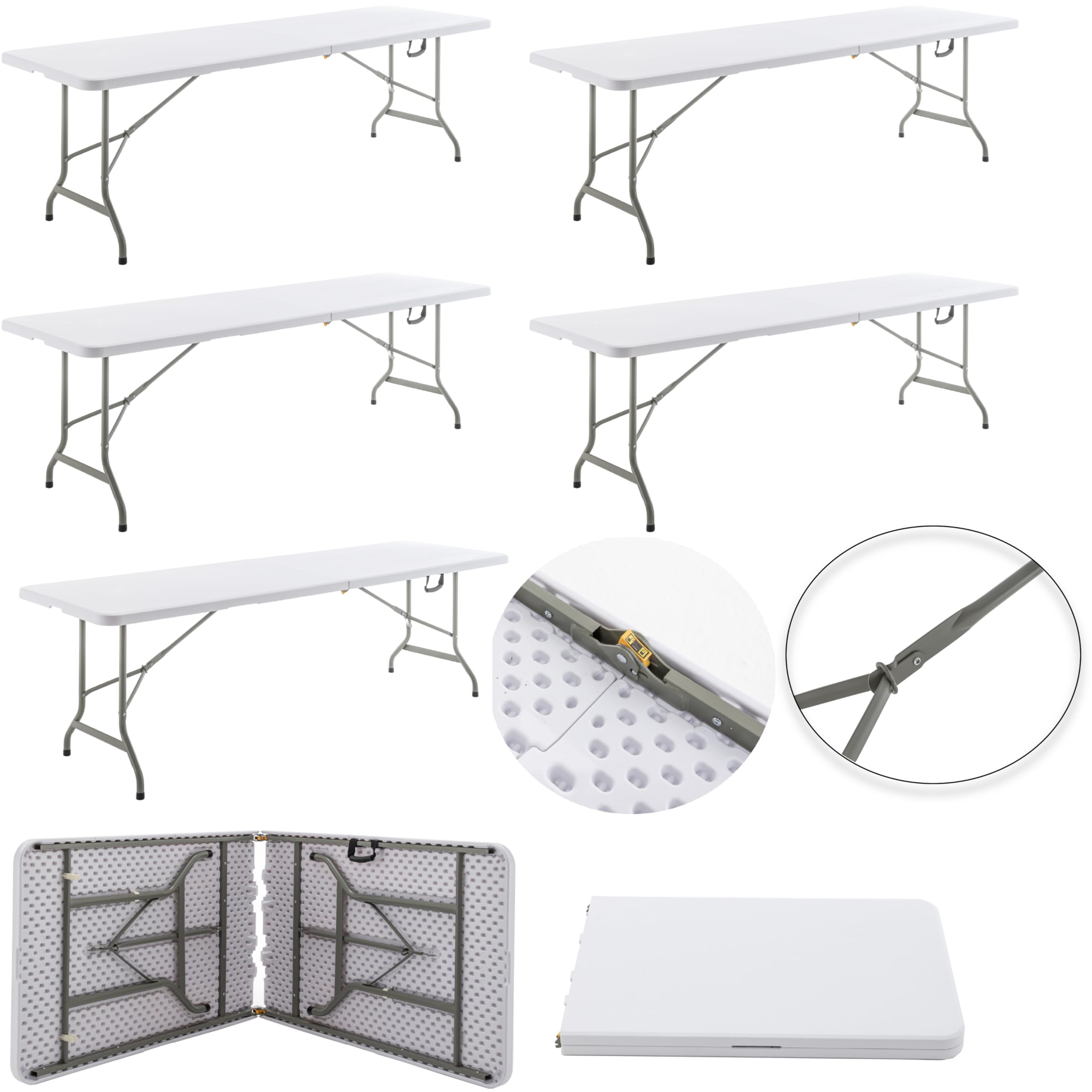 BTEXPERT Set of 5, 8-Foot - 96" Long White Plastic Folding Table Portable 30" Wide, 29" High, Indoor Outdoor Events Banquet Dining Party Patio
