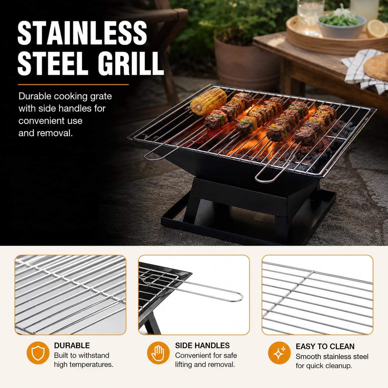 Garden Mile® - Grande braciere in metallo verniciato a polvere, colore nero, barbecue da esterno, braciere/stufa da giardino, quadrato