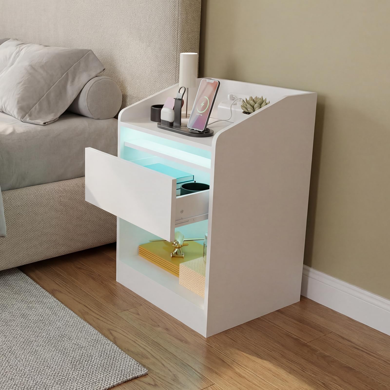 DATO Mesita de noche con iluminación LED y estación de carga (2 enchufes CA, 2 puertos USB), mesilla de noche con cajones, mesa auxiliar moderna, mesa de sofá para salón dormitorio (NS19)