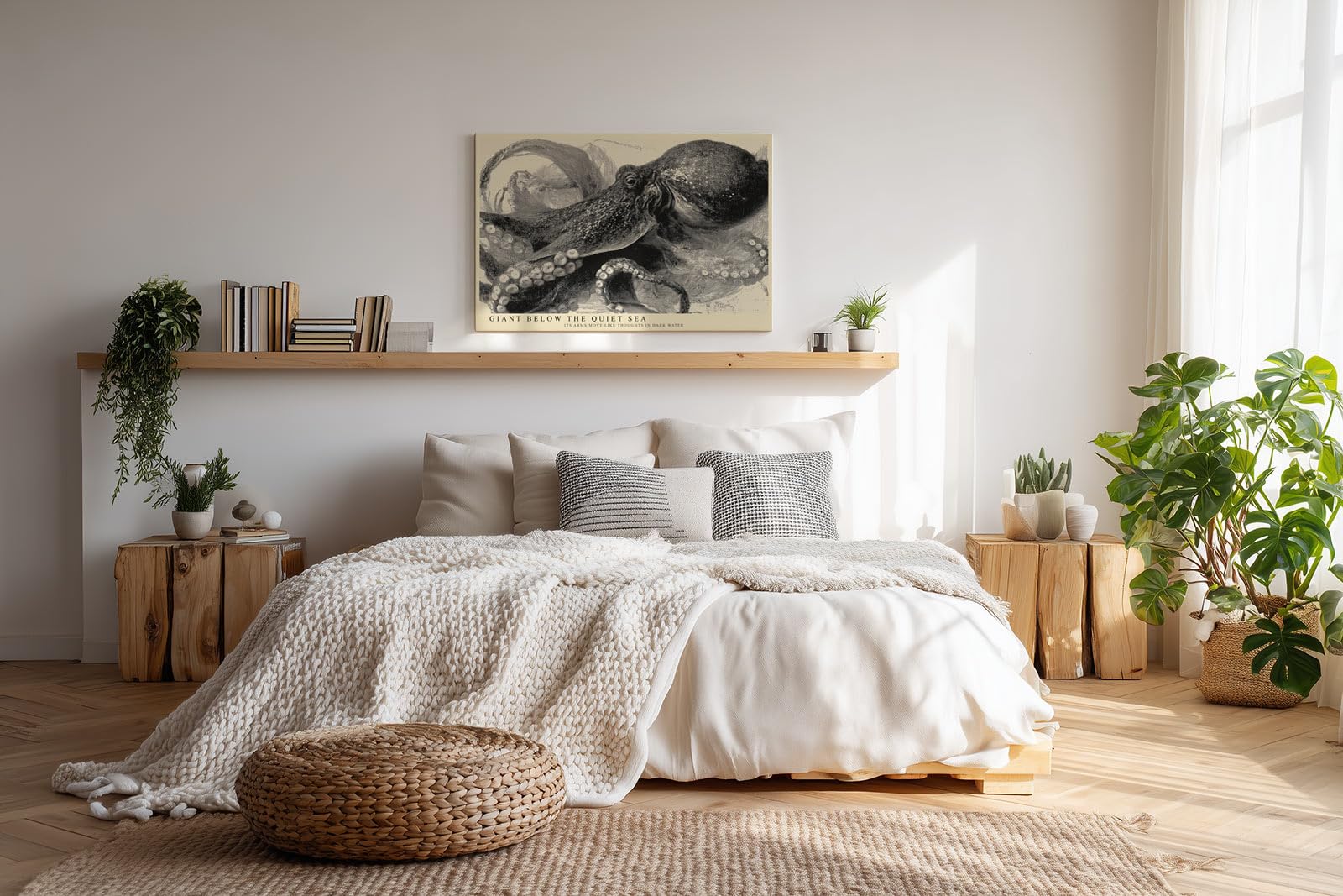 Paul Sinus Wandbild 150x100cm Oktopus Illustration Meereskunst Schwarz Weiss Vintage Naturstudie