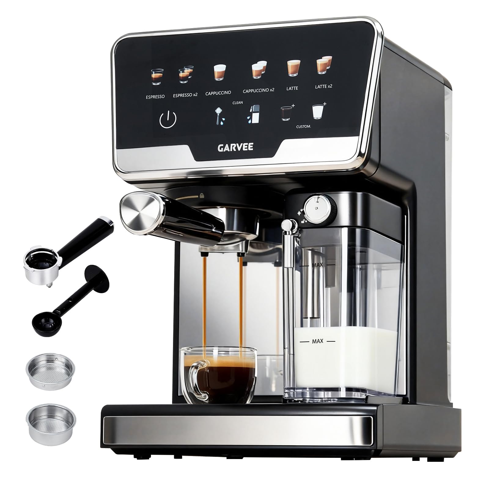 Siebträgermaschine 20 Bar Mit Doppelboiler, Auto-Milchaufschäumer & Selbstreinigung, 1450W Espressomaschine Mit 2L Wassertank & 500ml Milchtank, 6 Programmen & Handmodus Für Cappuccino Latte Espresso