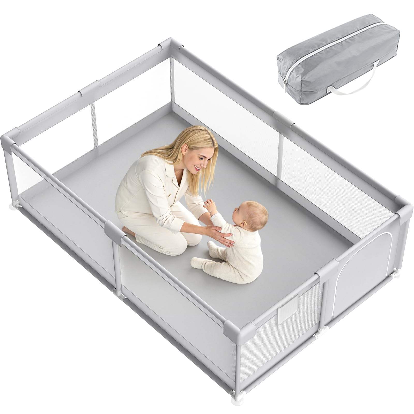 DAMNISS Laufstall Baby, 120x180cm Laufgitter Baby, Atmungsaktivem Mesh, Baby Playpen mit Reißverschlusstür und Tragetasche,8 rutschfesten Saugnapf-Füßen, Innen und Außenbereich, Grau