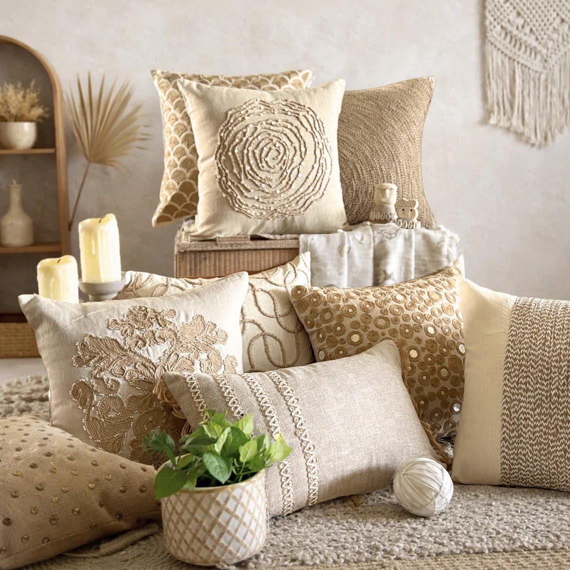The HomeCentric Ecru Set di 2, 50x50 cm Lino Di Cotone Designer Toss Pillows, Cavo Di Iuta, Ricamo Beige Cotone Federa Lettino, Contemporaneo Cerchi e Punti Federe per cuscini - Back To Earth