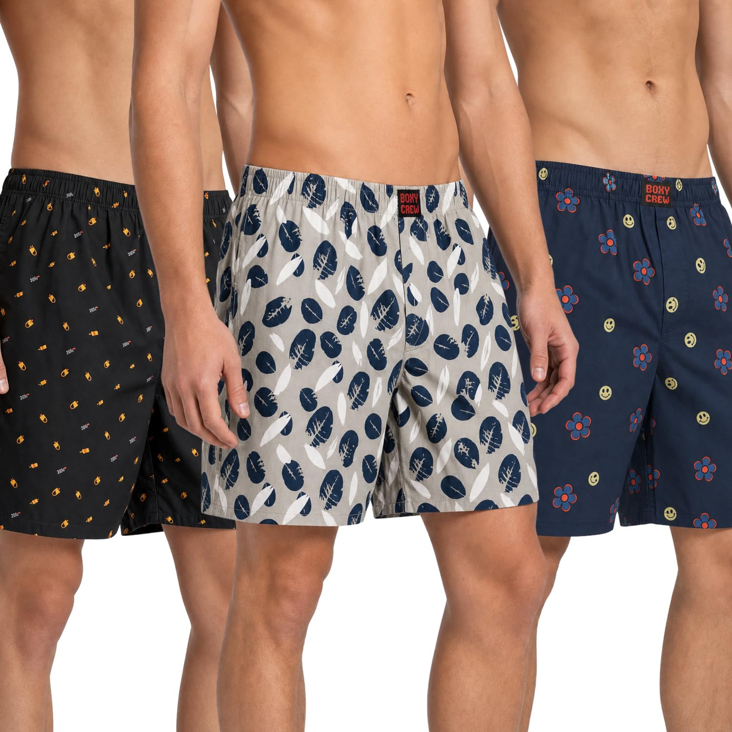 Men's 100% Cotton Printed Boxer Shorts Pack of 3 with Dual Side Pockets and Fabric-Covered Waistband - Black/Cream/Navy Blue, Styles MBX016, MBX021, MBX029-image-41