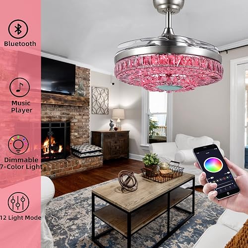 Miniatura 2 de Ventilador de techo de cristal de 42 pulgadas con control remoto de luces, lámpara inteligente con altavoz Bluetooth, aspas retráctiles, 7 colores