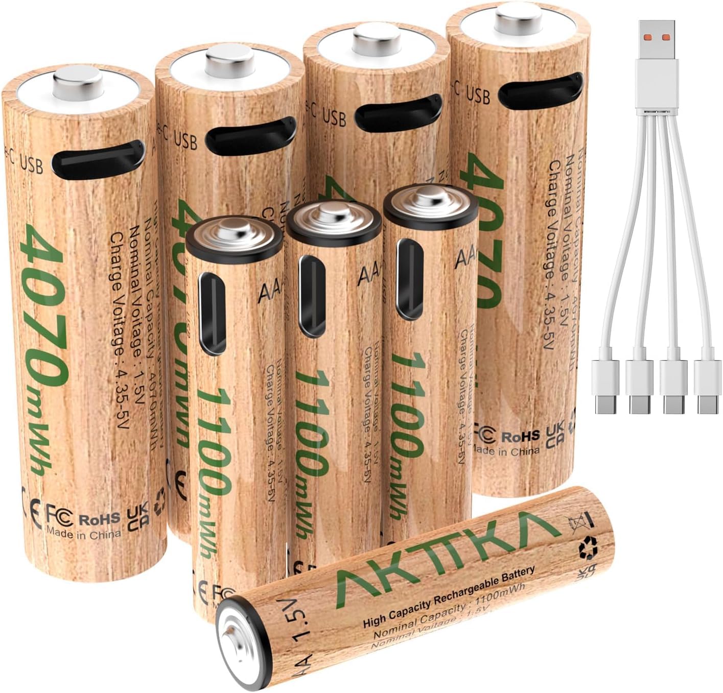 ATKKTA Rechargeable AA and AAA 1.5 V Lithium Batteries, 4 x 1100 mWh AAA & 4 x 4070 mWh AA Batteries with 4-in-1 USB-C Charging Cable, 2 Hours Quick Charge, 1200 Cycle-image-5