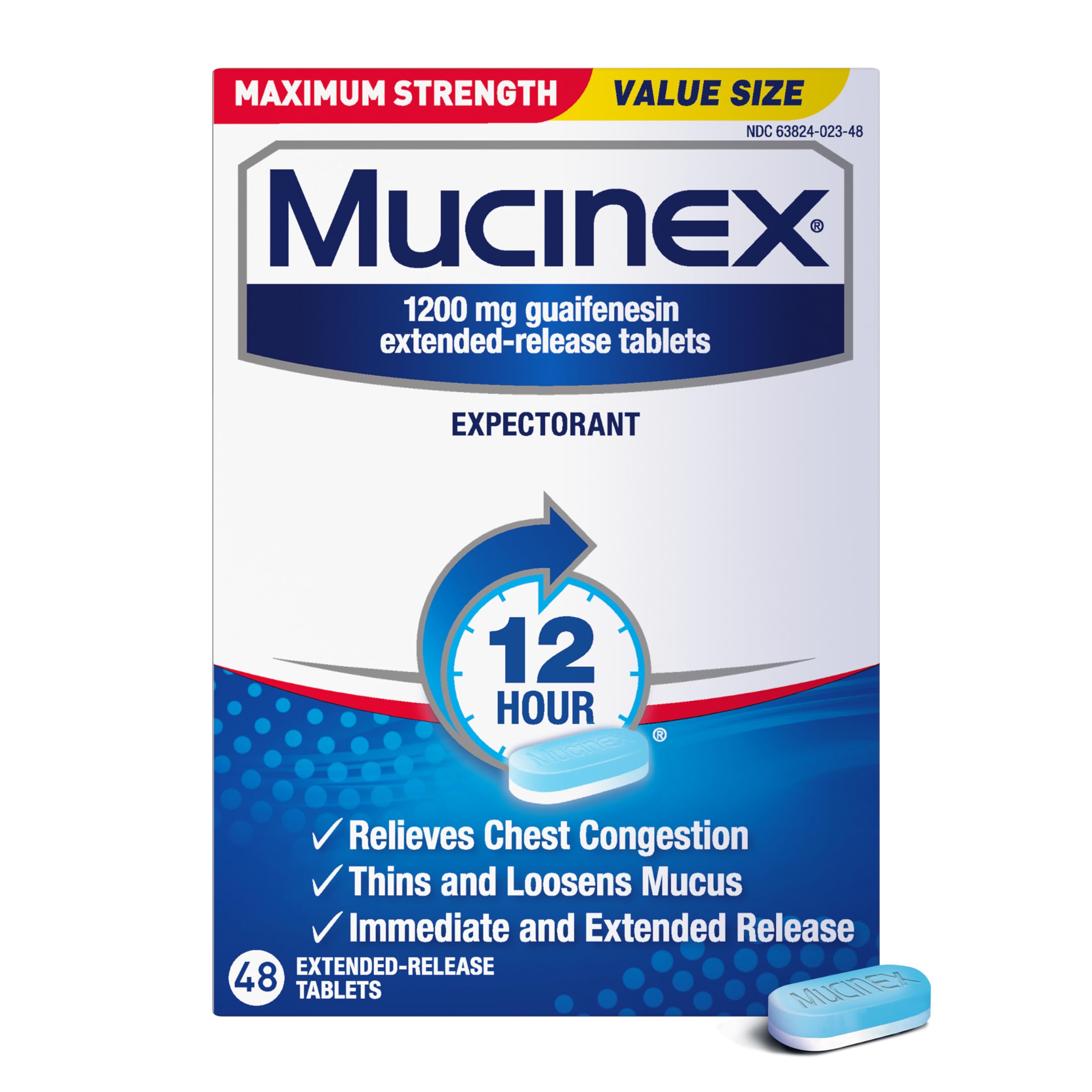 Mucinex 12 Hour Maximum Strength 1200 mg Guaifenesin Extended-Release Tablets for Excess Mucus Relief, Expectorant Aids Excess Mucus Removal, Chest Congestion Relief for Adults, 48 Tablets New