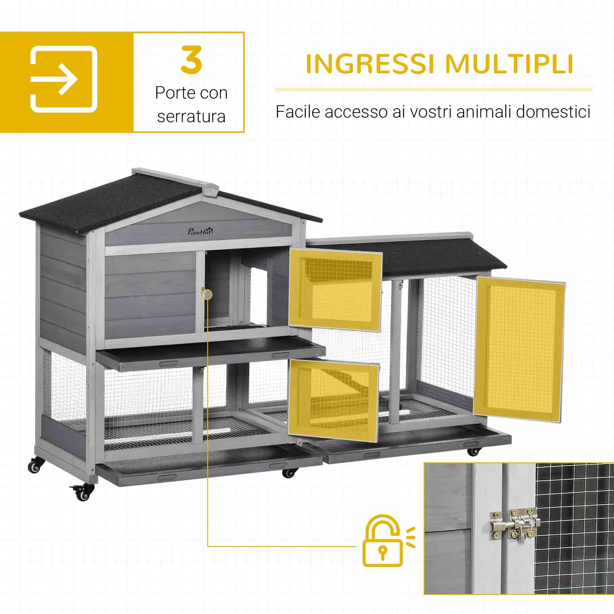 PawHut Gabbia per Conigli da Esterno con 6 Ruote, Porte Multiple, Conigliera in Legno di Abete con Rampa, Casetta per Conigli e Spazio Aperto Recintato, Grigio