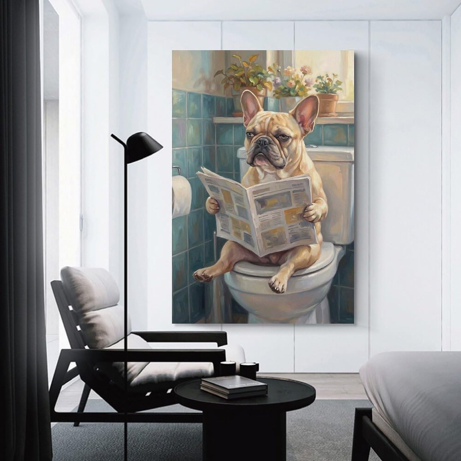 Junmoney Unframe-Style-19 Canvas Art Print Bulldog Reading Newspaper On Toilet, 16X24inch(40X60cm), For Office, Study Or Home Workspace, Wall Art That Adds Style To Work Areas