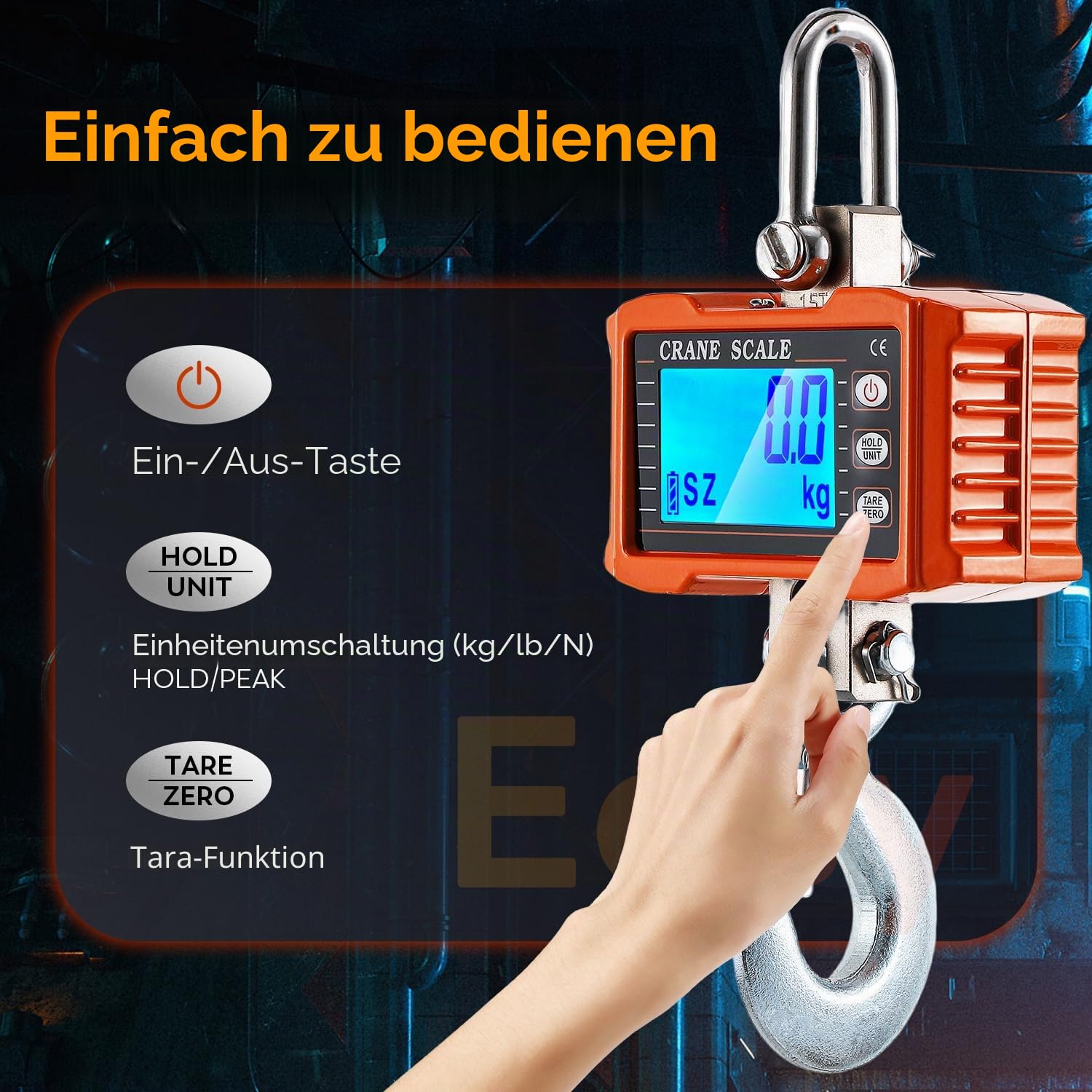 CGOLDENWALL Digitale Kranwaage 1000kg/2200lb, Industrielle Hängewaage mit Umschaltbarem kg/lb/N, LCD-Hintergrundbeleuchtung - Hebezeug-Hakenwaage Ideal für Bauernhöfe, Jagd und Viehzucht