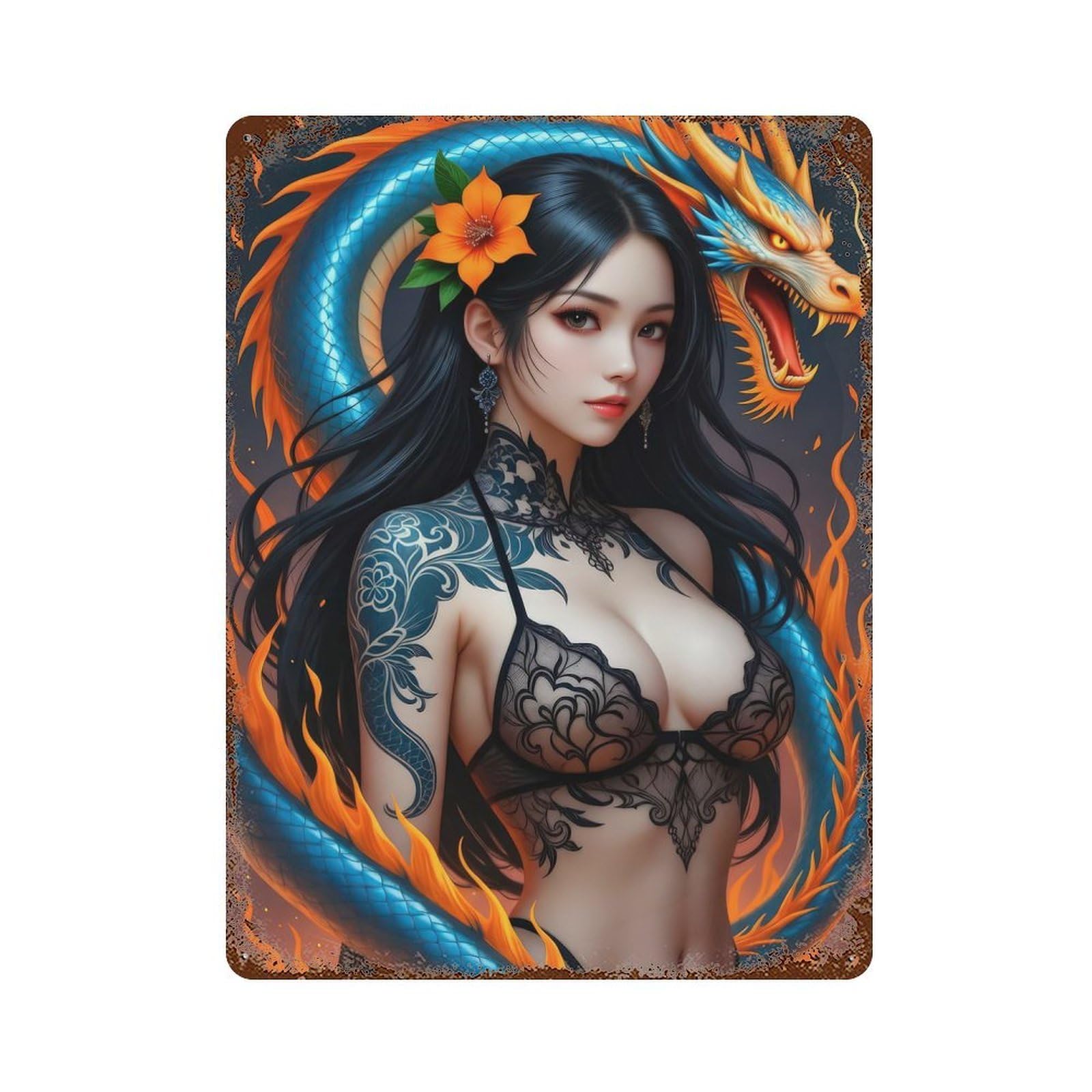 Dragon Woman Rust Effect Tin Sign 15.7"x11.8", Farmhouse Wall Decor for Bistro, Counter And Cafe Decor