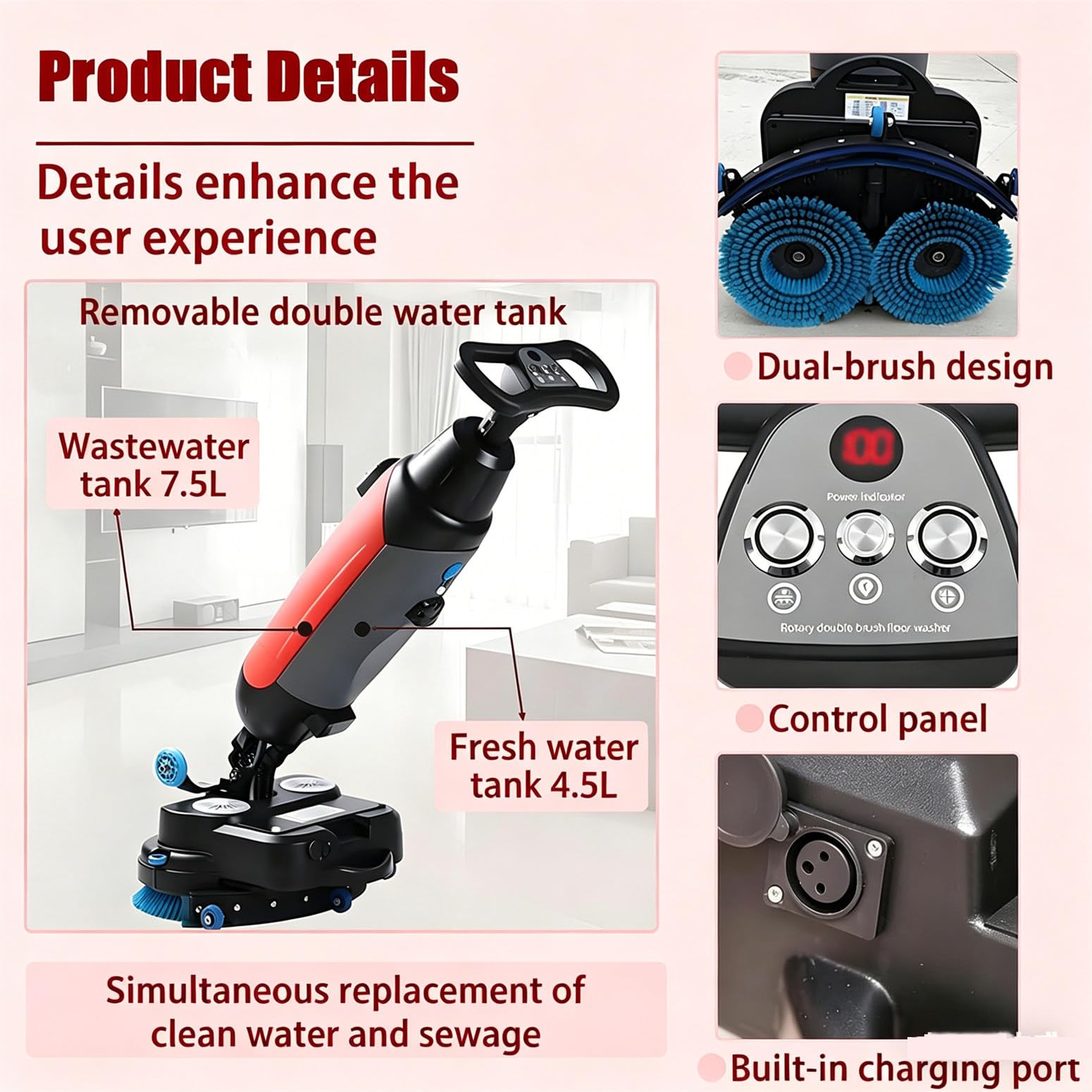 Fregadora de Suelos Comercial, fregadora de Suelos autopropulsada de 45 cm de Ancho, 80 Minutos de autonomía, batería de 36 V. White
