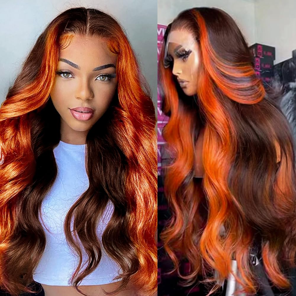 Ginger 13x6 Lace Front Wigs Human Hair Pre Plucked Highlight 13x6 HD Lace Front Wigs Ginger Orange Human Hair Wigs for Women 13x6 Body Wave Ombre Wig