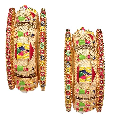Accessher Set Of 2 Gold-Plated Multi AD-Studded Handcrafted Bangles For Women & Girls