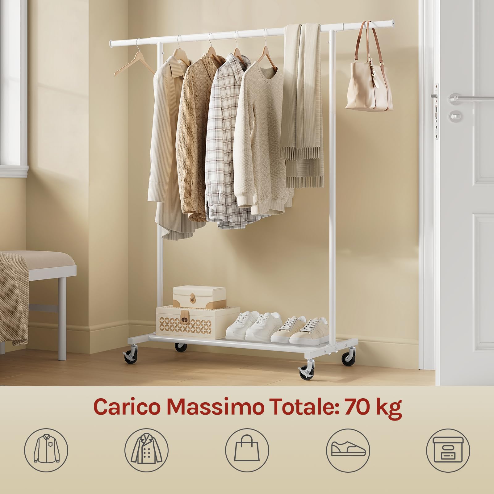 WOLTU Appendiabiti da Terra con Ruote, Attaccapanni con Ripiano Inferiore, Barra Estensibile e Altezza Regolabile, per Soggiorno, Camera da Letto, Bianco