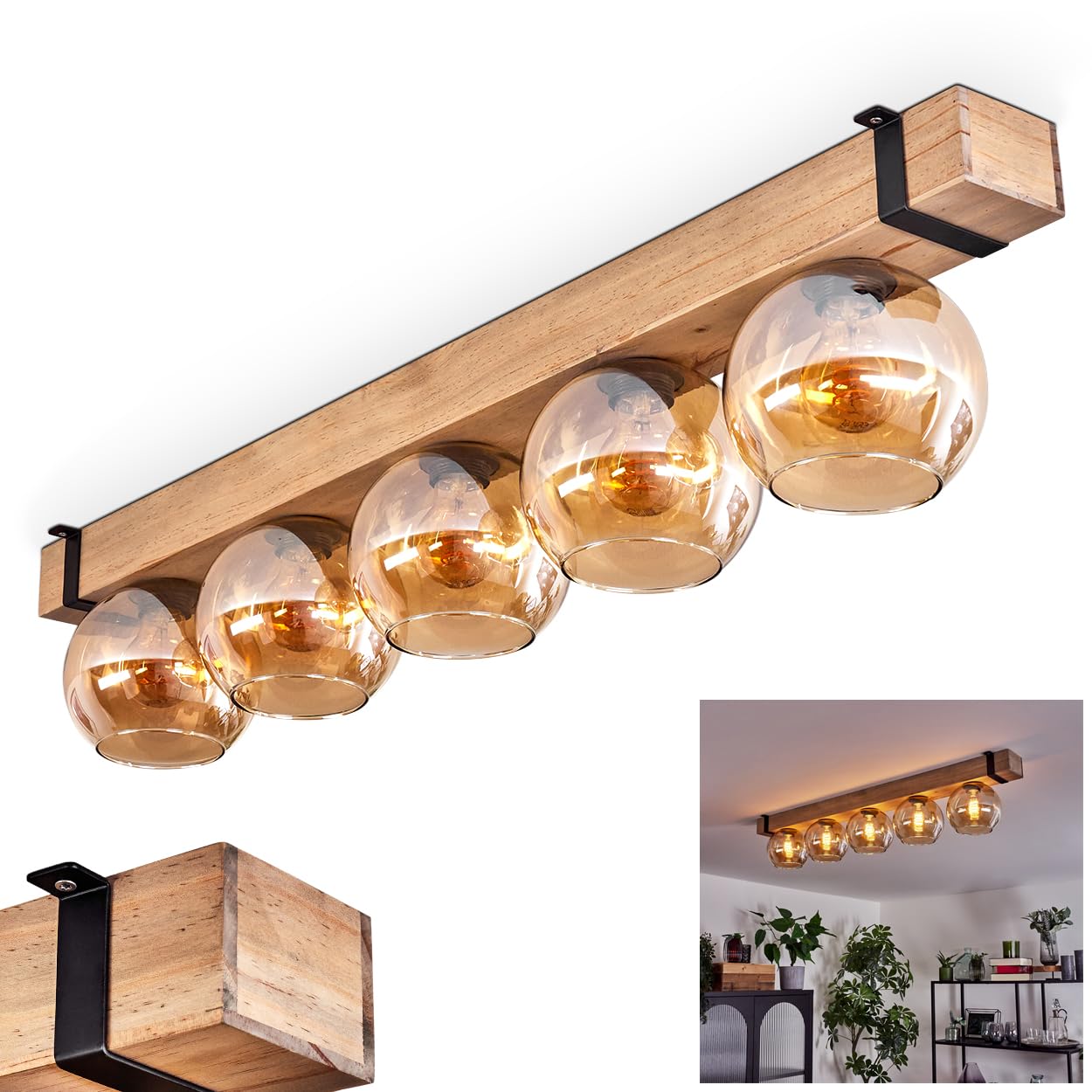 Montgomery ceiling light, ceiling lamp made of metal/wood/glass in black/natural/amber colours, Scandinavian design with wooden beams (100 cm) and glass globes (Ø 15 cm), 5 x E27 socket, without bulbs