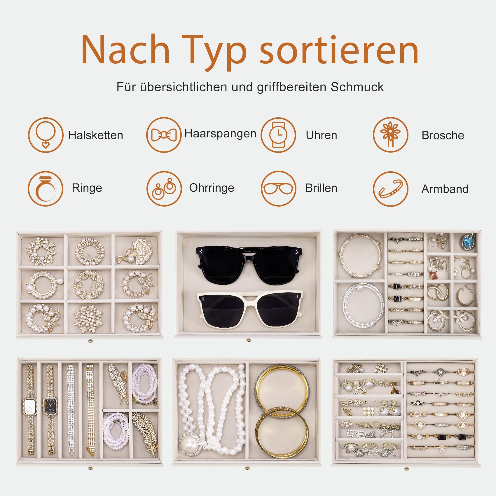 Dajasan Groß Schmuckaufbewahrung, 6 Ebenen Schmuckkästchen mit 5 Schubladen, Schmuckkasten mit Spiegel & Doppeltür, Schmuckschrank aus Vertikales Textur Leder, Modern, Geschenk für Damen (Beige)