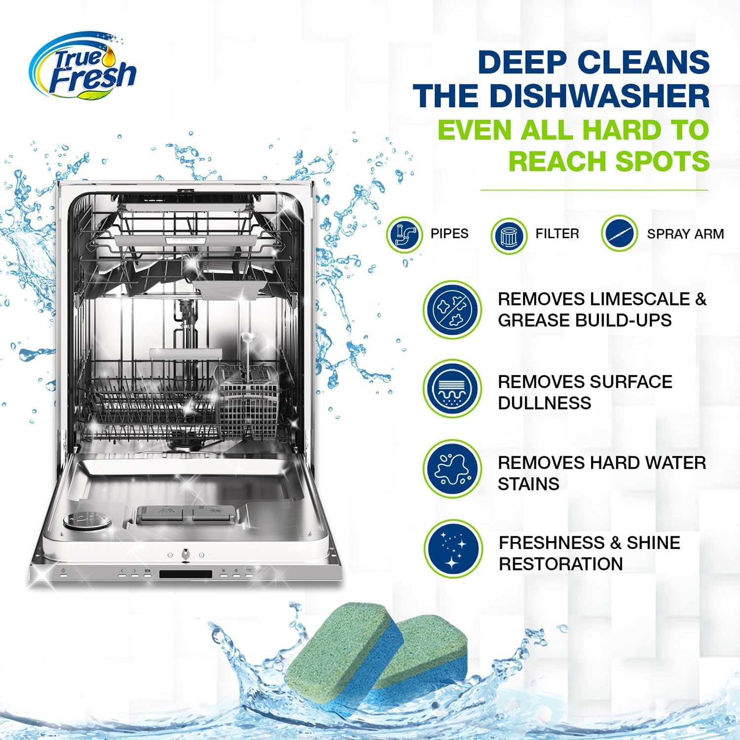 True Fresh Pastiglie detergenti per lavatrice, pastiglie compatibili con caricatore frontale per lavanderia, carico dall'alto, detergente per lavastoviglie e deodorante, pastiglie detergenti per