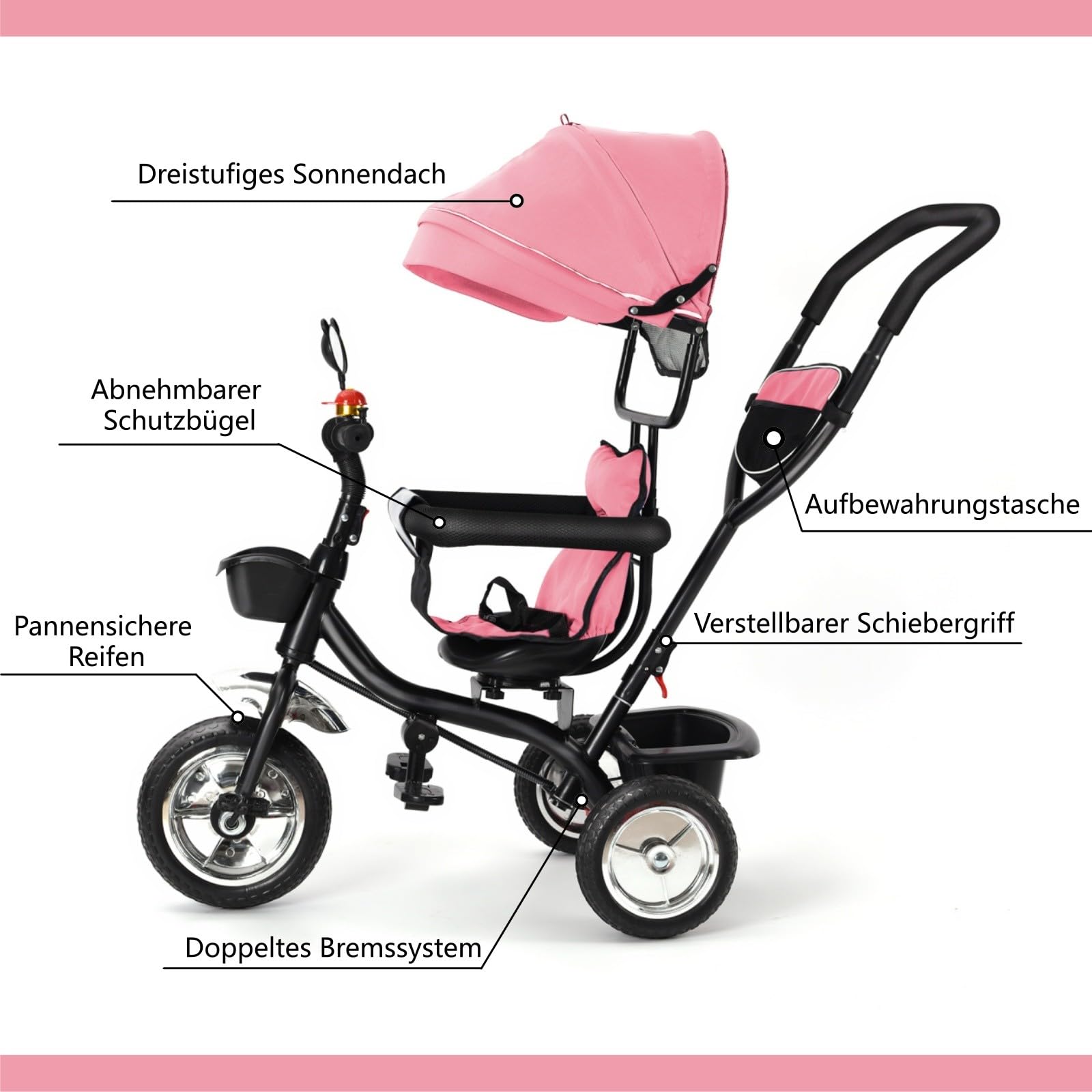 Dreirad 4 in 1 ab 1 Jahr mit Schubstange – Kinderdreirad mit drehbarem Sitz & klappbarem Sonnendach | Sicherheitsgurt & abnehmbarer Schutzbügel | 2 große Körbe | babyfreundlicher Stoff | Rosa