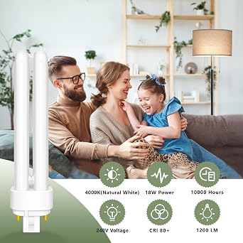 18W Compact Fluorescent Lamp 4-Pin, G24q-2 Cool White 4000K, 1200LM, 2U Double Turn Tube Energy Saving Lamp, PLC 840 CFL Light bulb, Non-Dimmable, Suitable for Corridor, Bathroom, Bedroom, 1 Pack