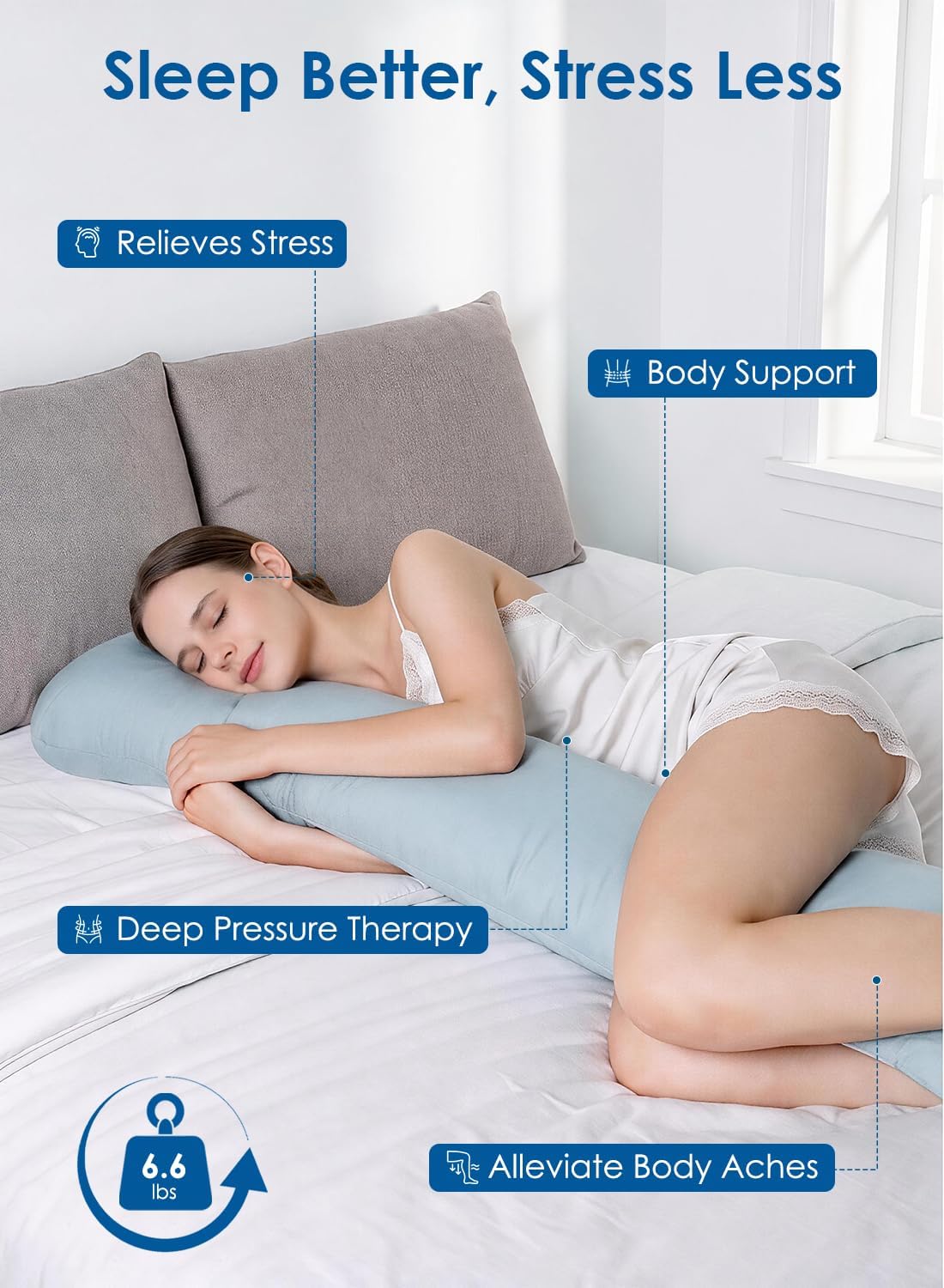 Weighted Body Pillow for Side Sleeper with Cooling Cover, 6.6lbs, 41" x 10"