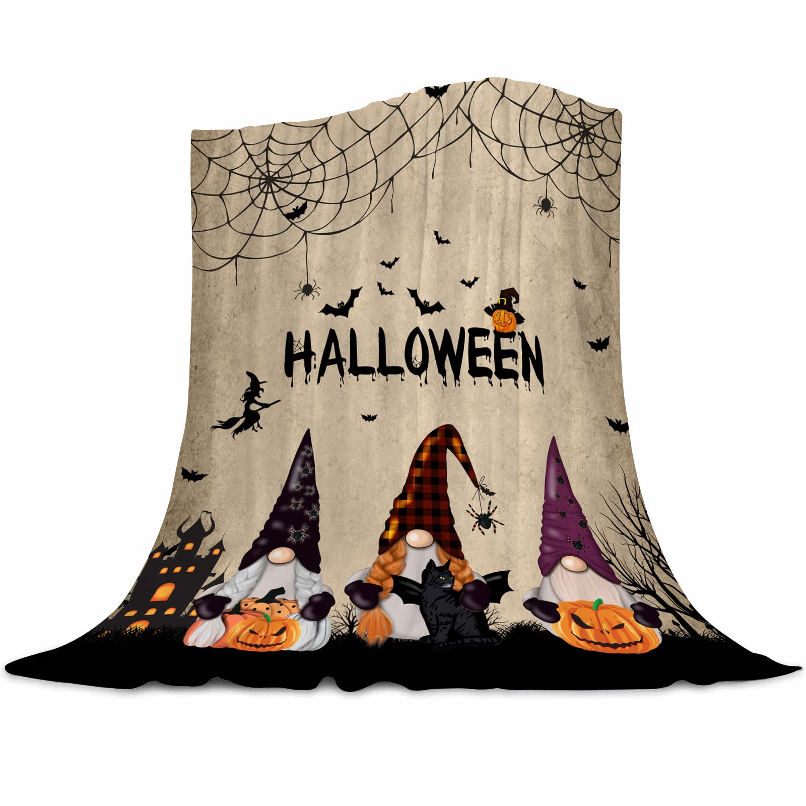 Abaysto Halloween Gnome Blanket Flannel Fleece Throw Blankets Halloween Bats Black Cat Blanket Lightweight Cozy Warm Fuzzy Plush Soft Blankets for Couch Bed Sofa 130x150cm