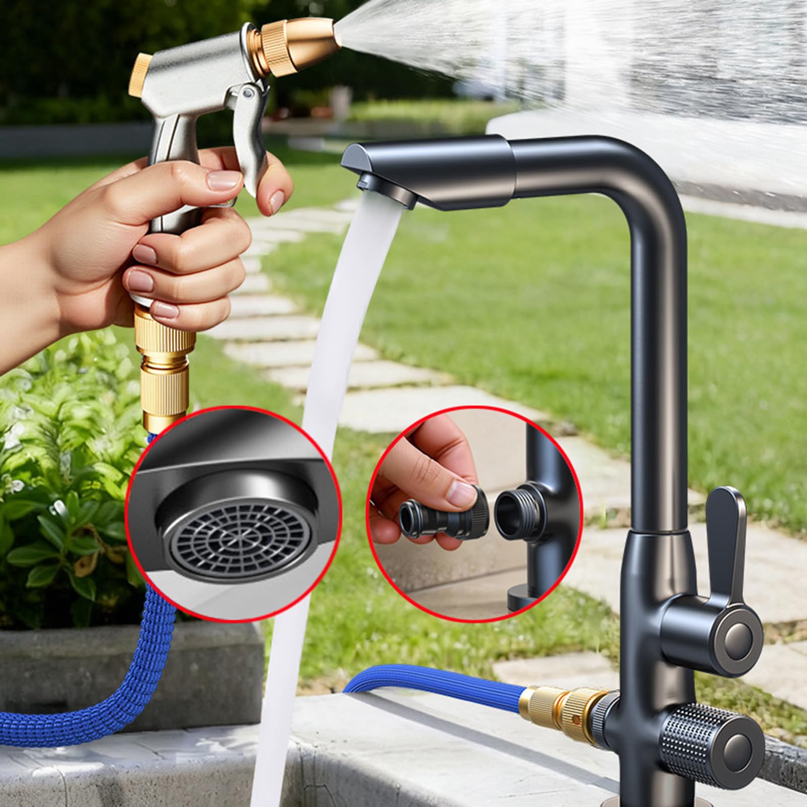 Grifo Exterior Doble Salida Giratorio 360° 1/2 conector Manguera Grifo Fregadero Exterior Solo Agua Fria Instalación De Un Solo Orificio,Gris Pistola