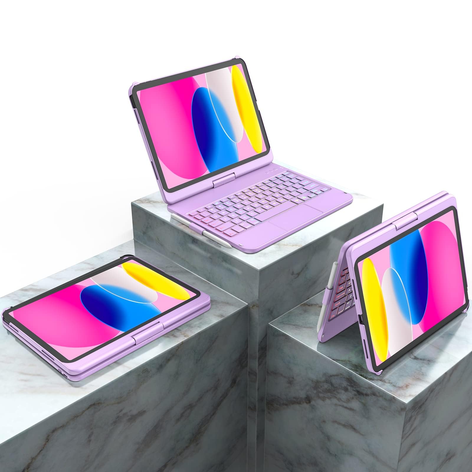 KARFUN Clavier pour iPad 10/11 Ème Generation (10,9" 2022/11" A16 2025), Housse de Protection Rotative à 360° avec Porte-Stylet, étui avec Clavier Trackpad Rétro-éclairé (Violet Clair)