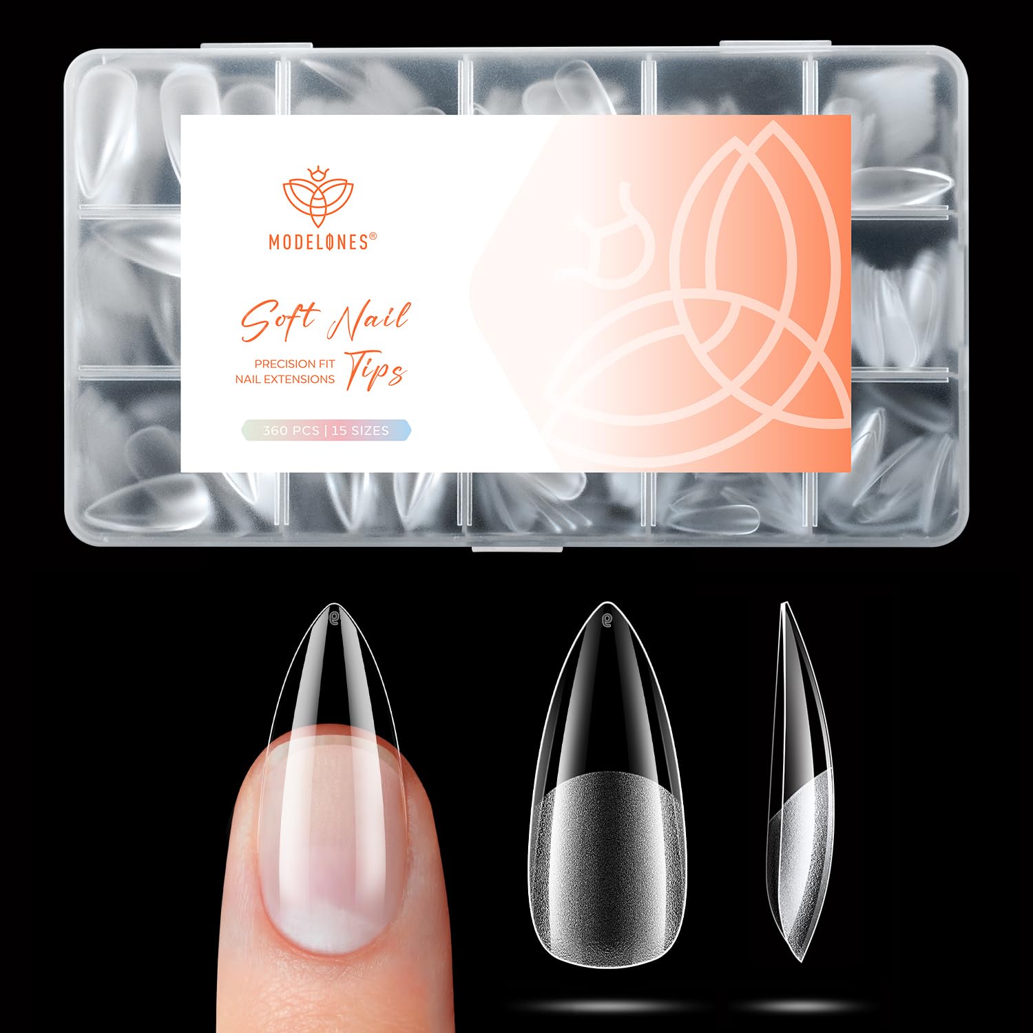 Modelones Nail Tips 360 Stück- Full Cover Nageltips Set, Soft Gel Tips Set, PMMA Harz Nagelspitzen, Künstliche Nägel Zum Aufkleben Nail Art DIY, Medium Spitze Almond- Halbmatt