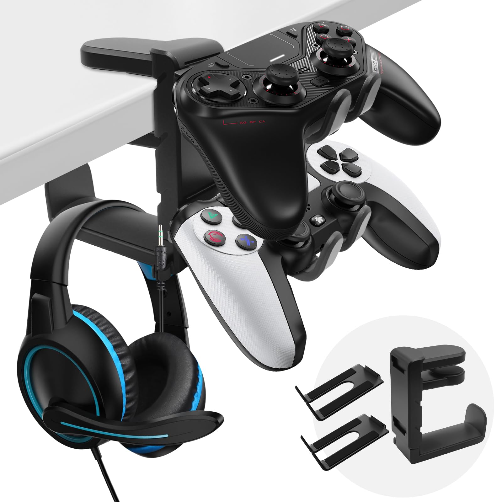 Soporte Auriculares y Mandos 2 en 1 Giratorio 360° con Clip de Escritorio Ajustable 1-4cm Organizador de Cables Doble Gancho Antideslizante Protección Antirayaduras Para Setup Gaming y Oficina