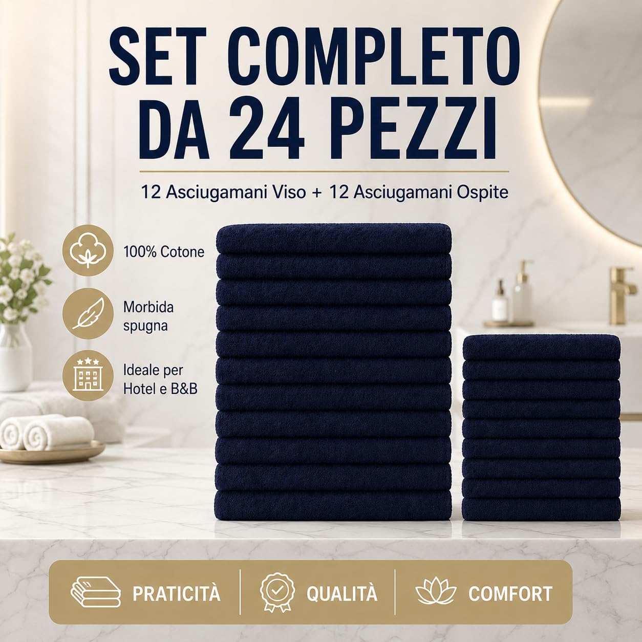 Corredocasa Set 24 Asciugamani in Morbida Spugna 100% Cotone, Made in Italy - Kit da 12 Asciugamani Viso e 12 Asciugamani Ospite - Perfetto per Hotel e B&B (Grigio)