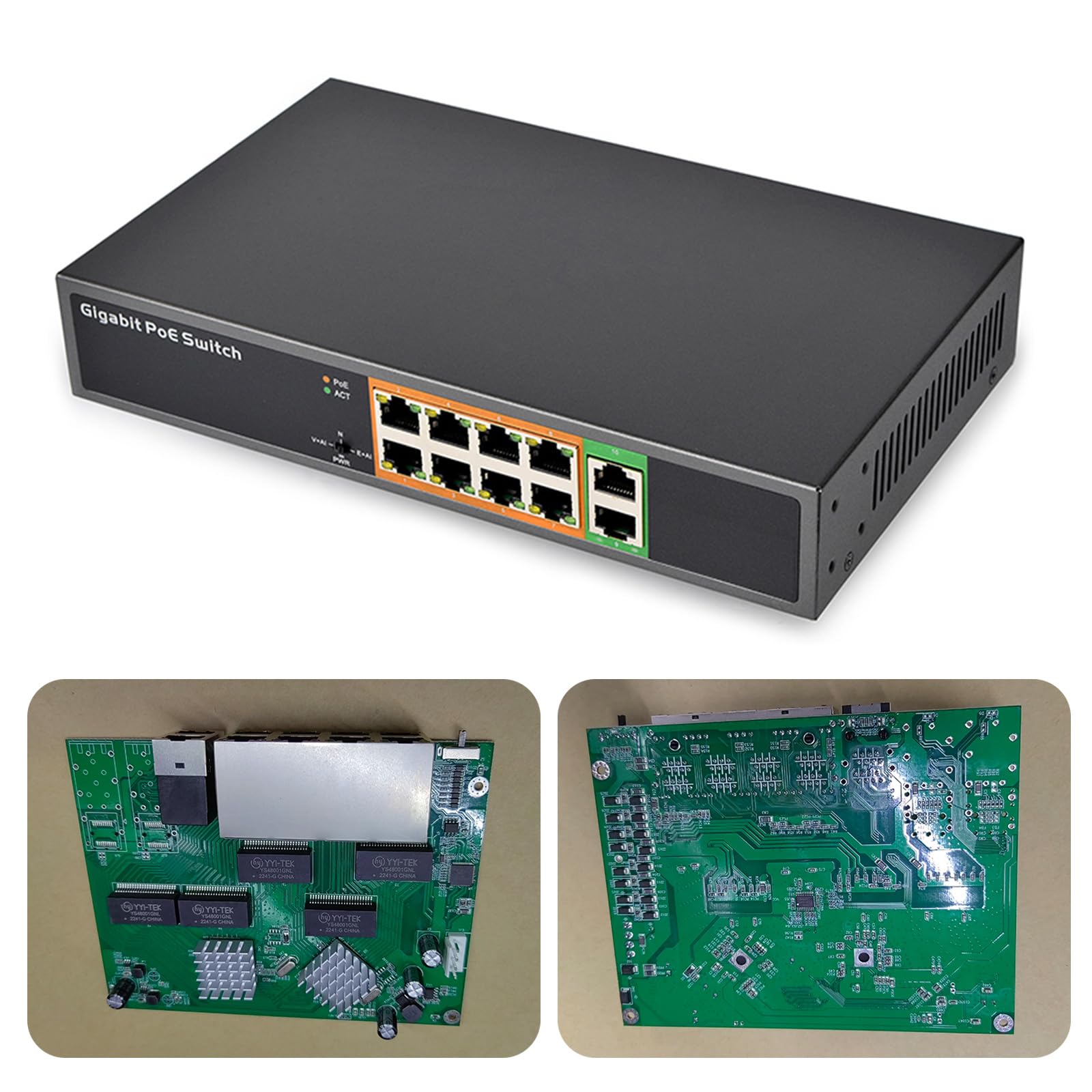 Switch Gigabit Power over Ethernet a 10 porte con alloggiamento in metallo, porta 8 x 1000 m e 2 uplinking, facile installazione, switch Power over Ethernet non gestito