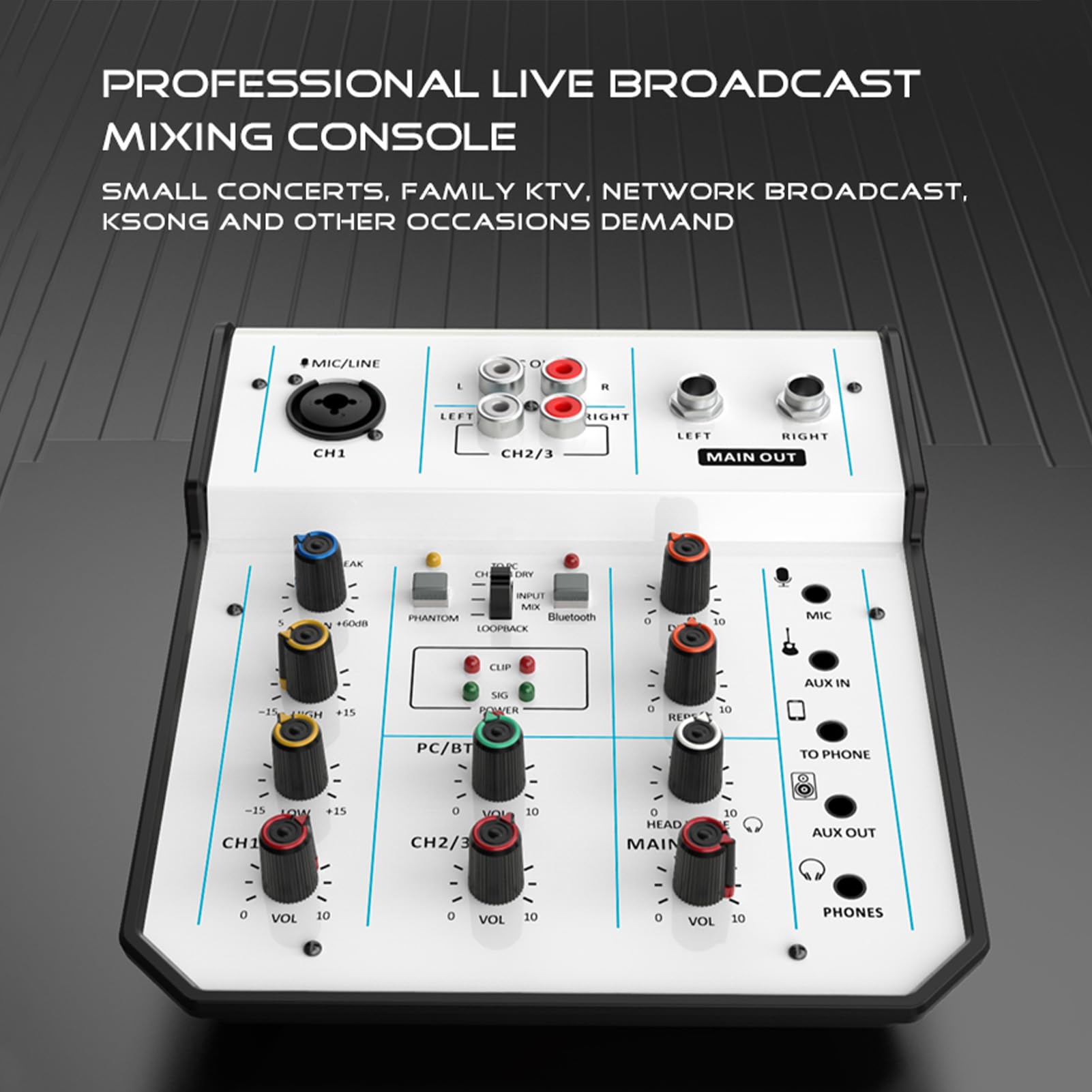 Profesjonalny 3-kanałowy Mikser Audio z Zasilaniem Phantom do Nagrywania w Domowym Studiu - Kompaktowa Konsola Miksująca dla Muzyków, Streamerów na żywo i Entuzjastów Nagrywania - Zasilacz USB